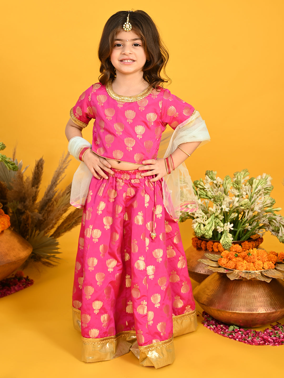 Saka Designs Magenta Jacquard Lehenga Choli With Gold Border