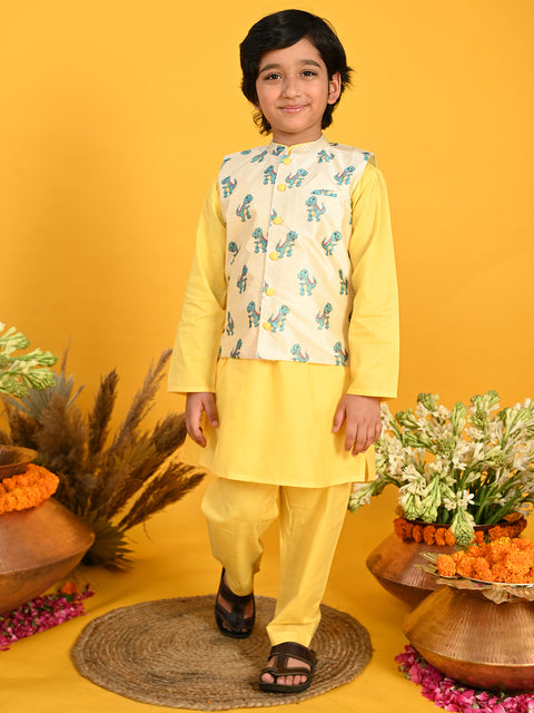 Saka Designs Yellow Cotton Kurta Payjama With Dino Printed Jacket For Boys