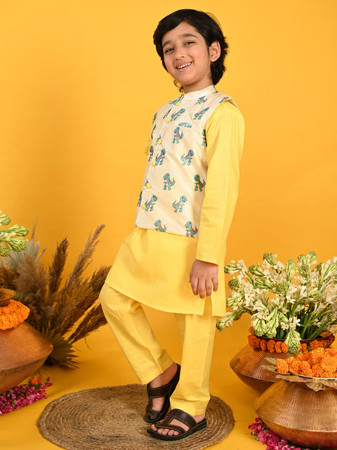 Saka Designs Yellow Cotton Kurta Payjama With Dino Printed Jacket For Boys