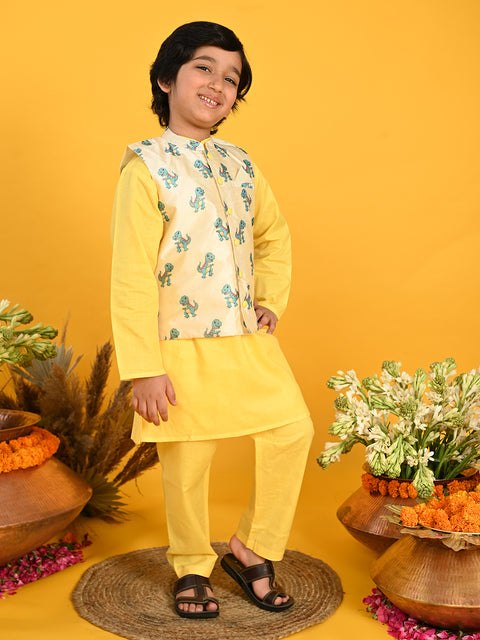 Saka Designs Yellow Cotton Kurta Payjama With Dino Printed Jacket For Boys