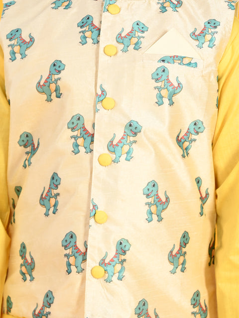 Saka Designs Yellow Cotton Kurta Payjama With Dino Printed Jacket For Boys