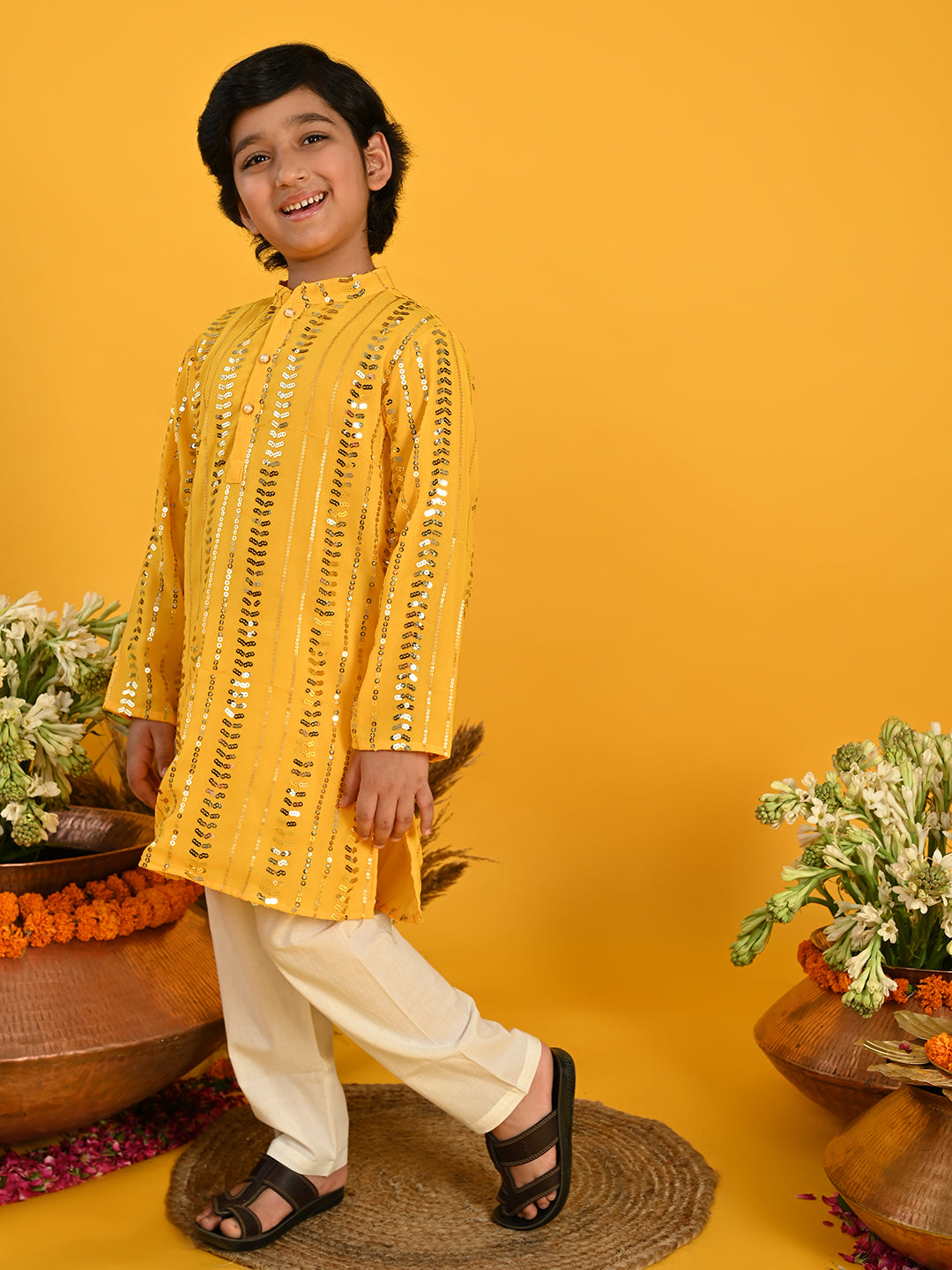 Sequenced Kurta with Pyjama - Yellow