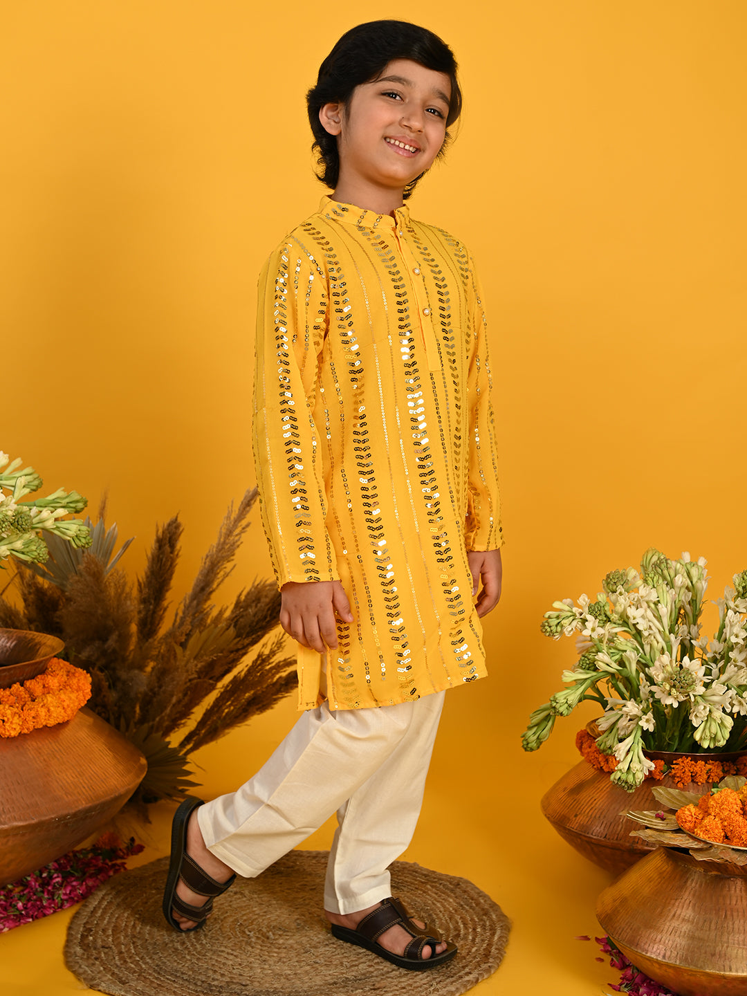 Sequenced Kurta with Pyjama - Yellow