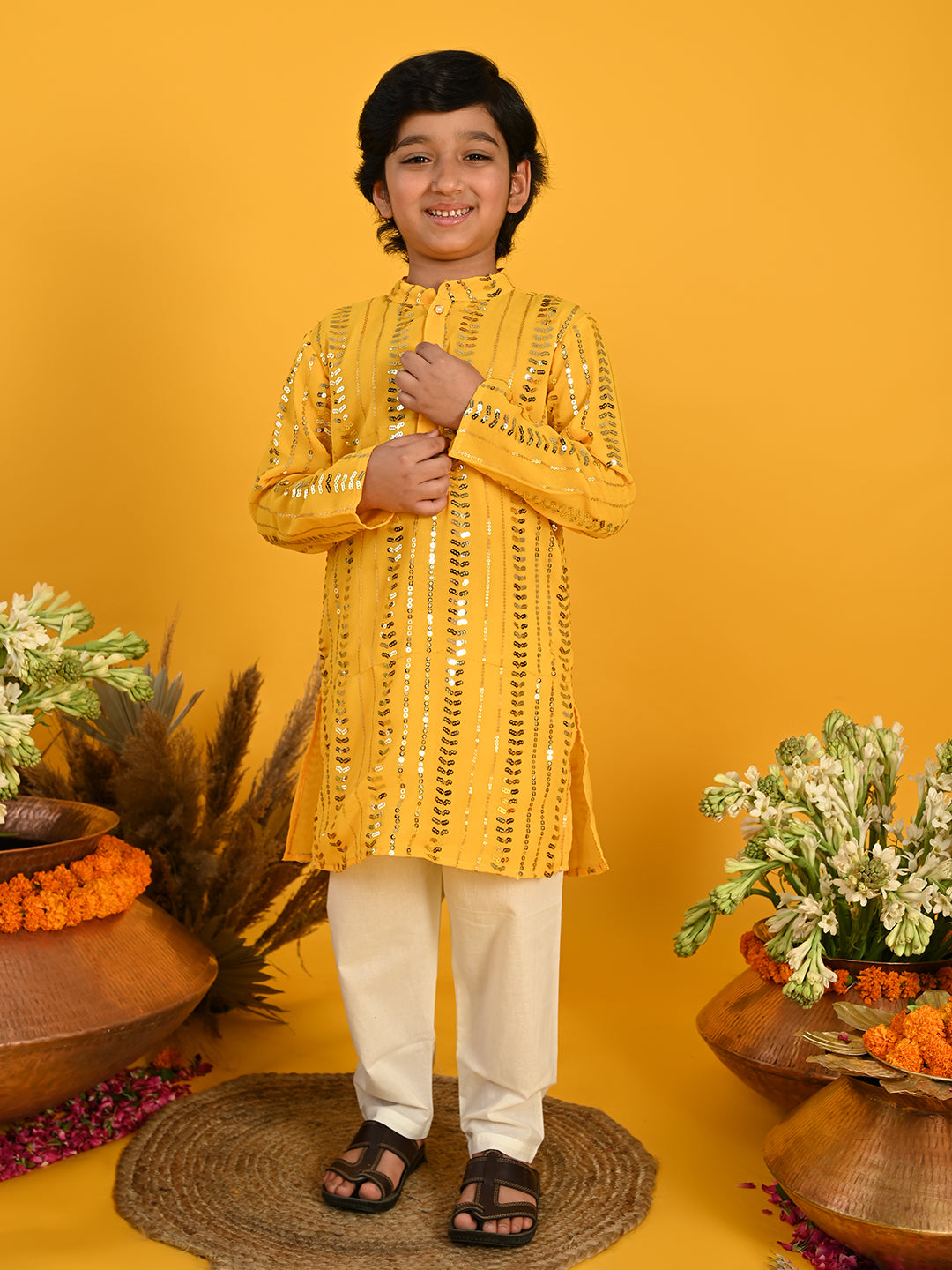 Sequenced Kurta with Pyjama - Yellow