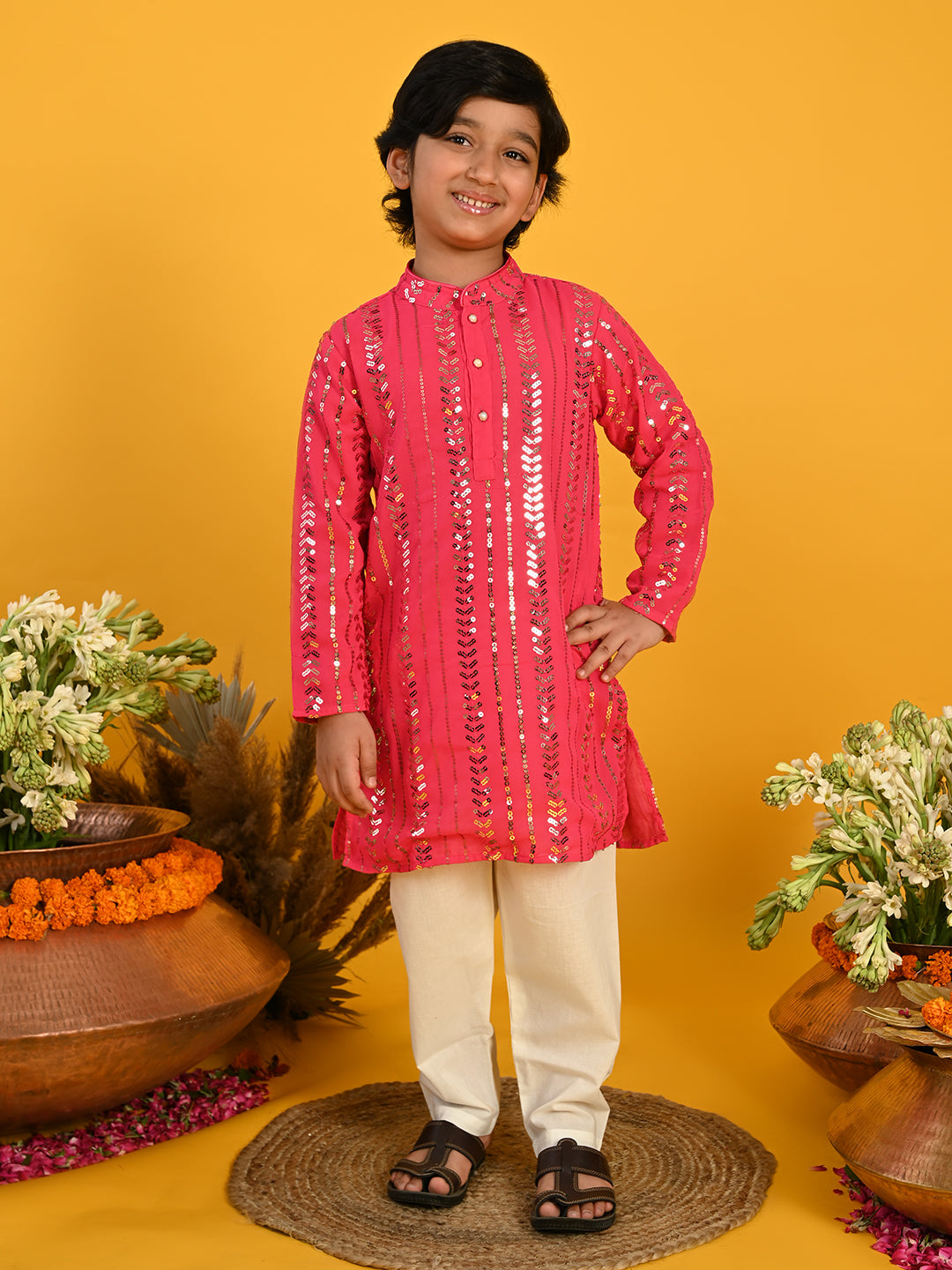 Sequenced Kurta with Pyjama - Fuchsia