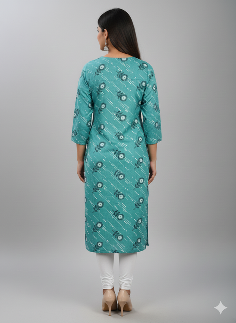 Saka Designs Rayon Printed 3/4 Sleeves Straight Kurti - Teal Blue