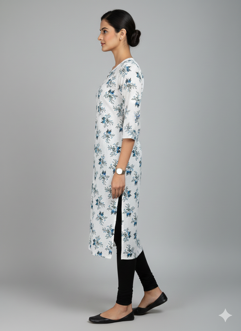 Saka Designs Rayon Printed 3/4 Sleeves Straight Kurti - White