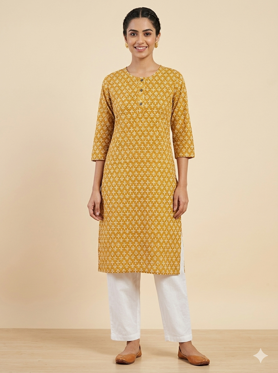 Women’s Mustard Brown Geometric Printed 100% Cotton Kurti (Kurti-51)