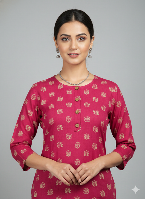 Saka Designs Rayon Printed 3/4 Sleeves Straight Kurti - Magenta