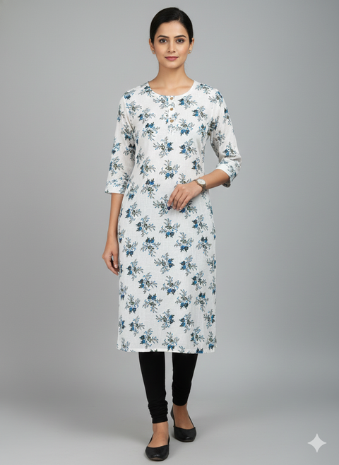 Saka Designs Rayon Printed 3/4 Sleeves Straight Kurti - White