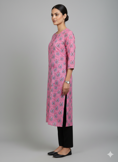 Saka Designs Rayon Printed 3/4 Sleeves Straight Kurti - Pink