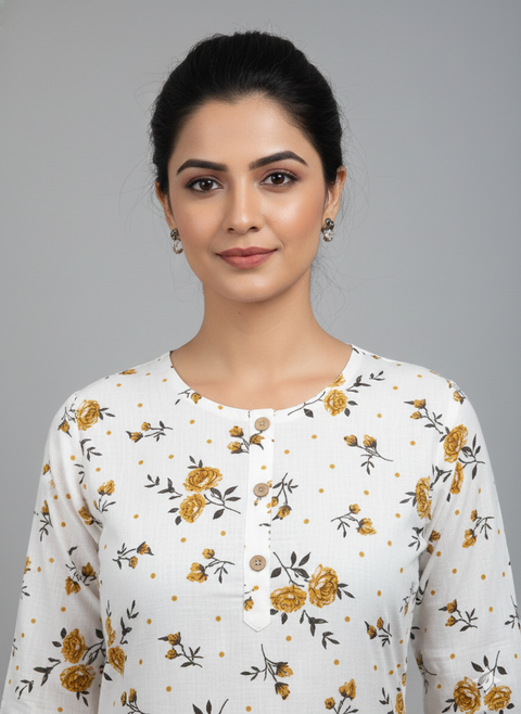 Saka Designs Rayon Printed 3/4 Sleeves Straight Kurti - White