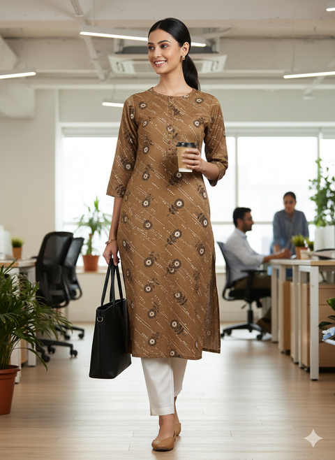 Saka Designs Rayon Printed 3/4 Sleeves Straight Kurti - Brown