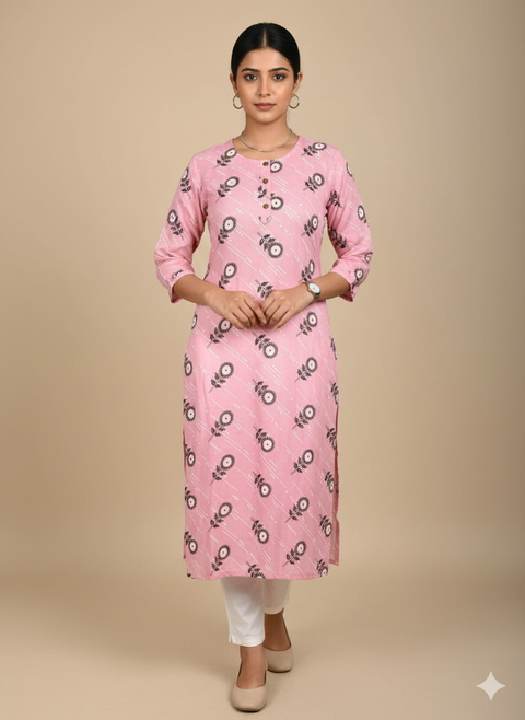 Saka Designs Rayon Printed 3/4 Sleeves Straight Kurti - Pink