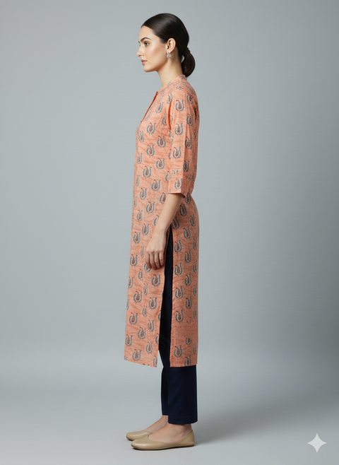 Saka Designs Rayon Printed 3/4 Sleeves Straight Kurti - Peach