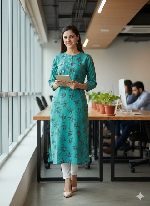 Saka Designs Rayon Printed 3/4 Sleeves Straight Kurti - Teal Blue