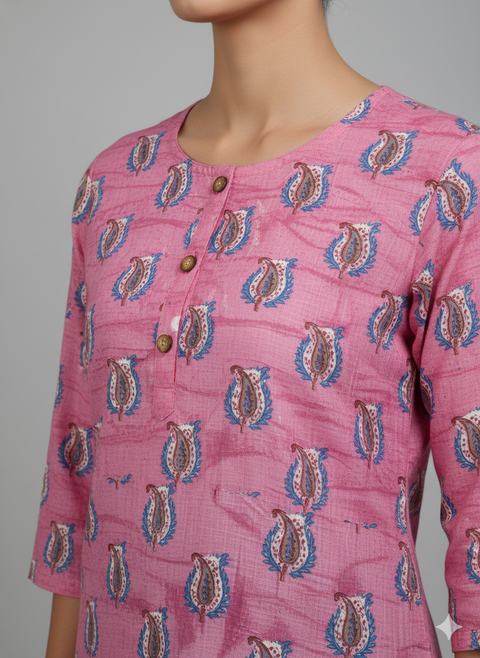 Saka Designs Rayon Printed 3/4 Sleeves Straight Kurti - Pink