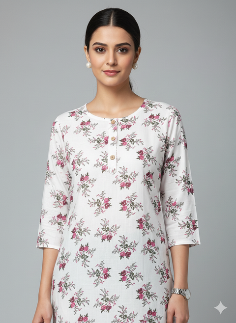 Saka Designs Rayon Printed 3/4 Sleeves Straight Kurti - White