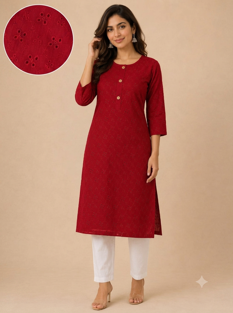 Women 100% Cotton Embroidered Kurti - Mahroon (Kurti-76)