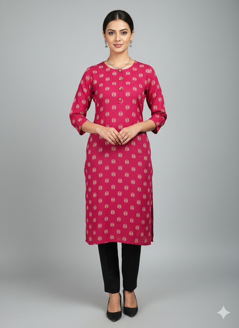 Saka Designs Rayon Printed 3/4 Sleeves Straight Kurti - Magenta
