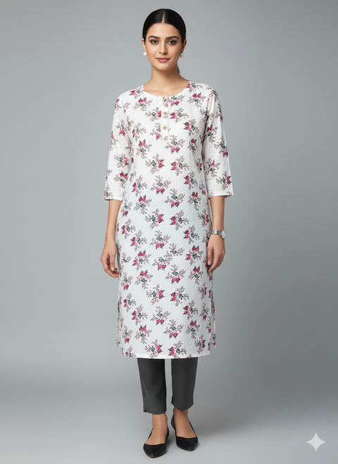 Saka Designs Rayon Printed 3/4 Sleeves Straight Kurti - White