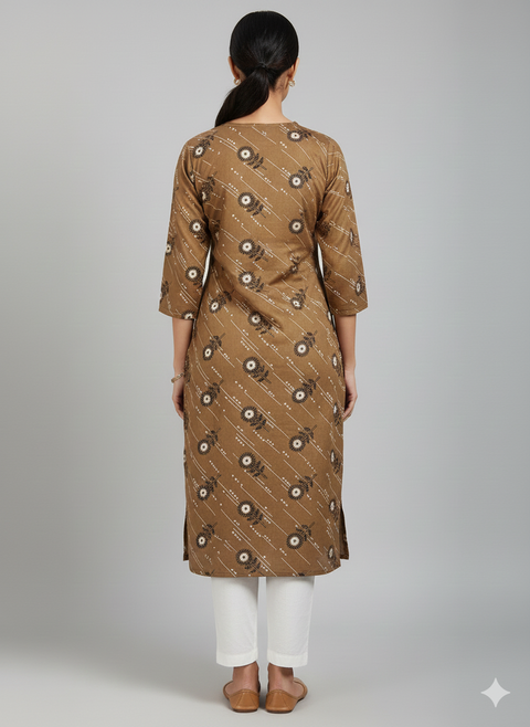 Saka Designs Rayon Printed 3/4 Sleeves Straight Kurti - Brown