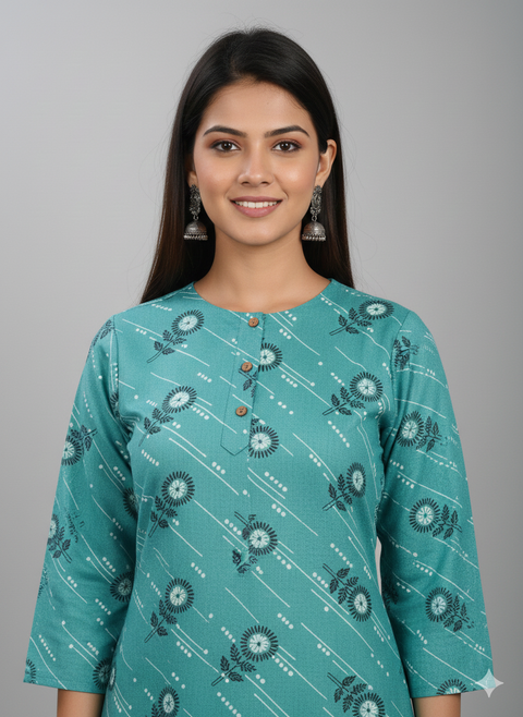 Saka Designs Rayon Printed 3/4 Sleeves Straight Kurti - Teal Blue