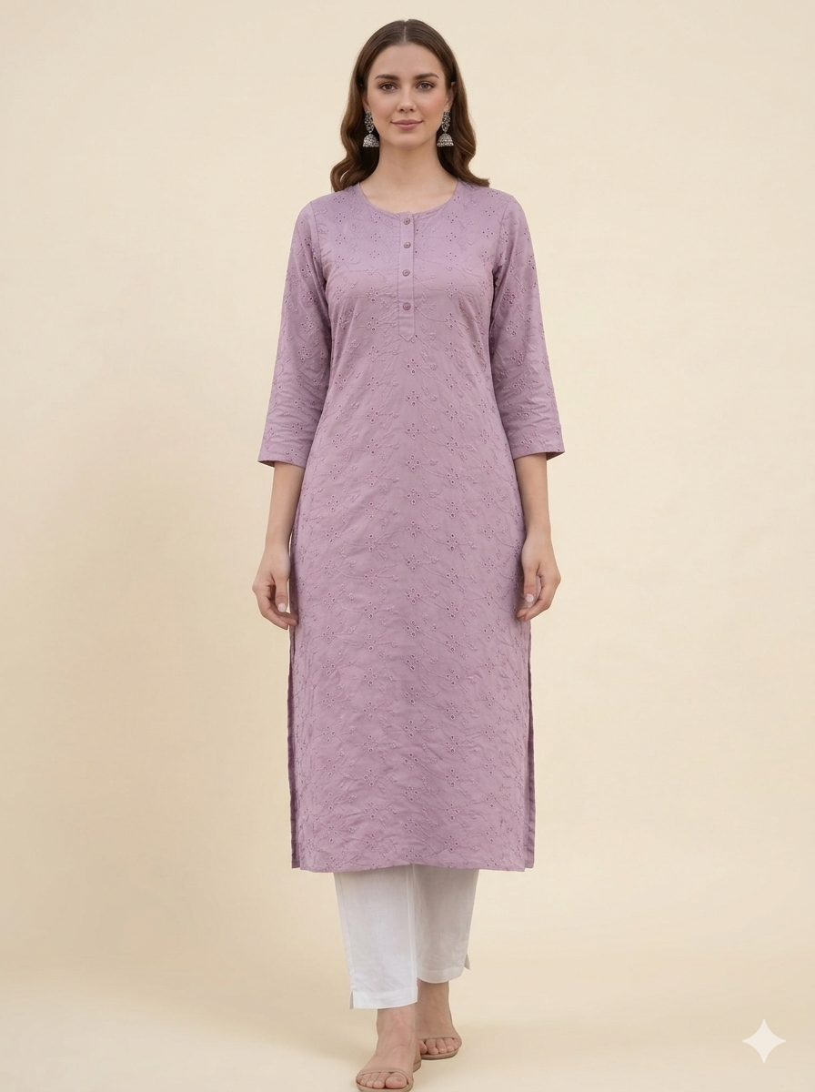 Women Schiffli with Cotton Lining Lavender 3/4th sleeves Straight Kurti (Kurti-53)