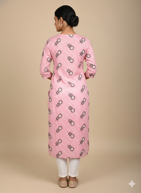 Saka Designs Rayon Printed 3/4 Sleeves Straight Kurti - Pink