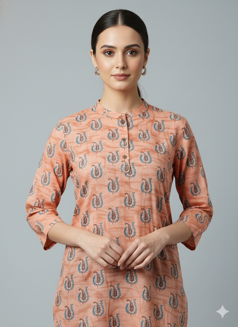 Saka Designs Rayon Printed 3/4 Sleeves Straight Kurti - Peach