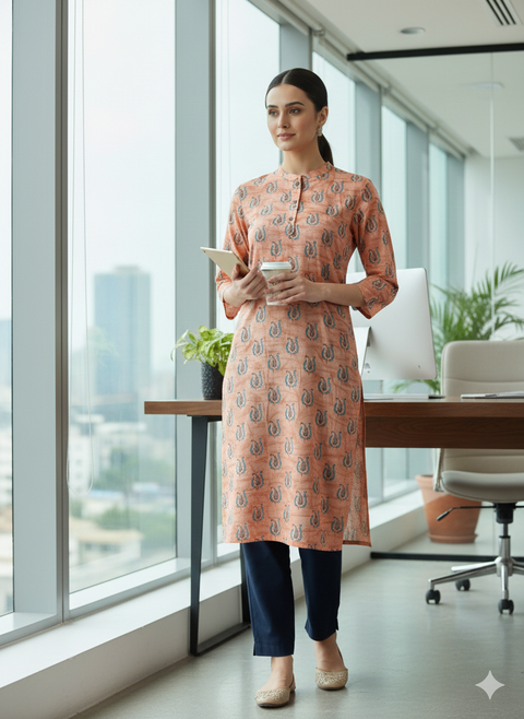 Saka Designs Rayon Printed 3/4 Sleeves Straight Kurti - Peach