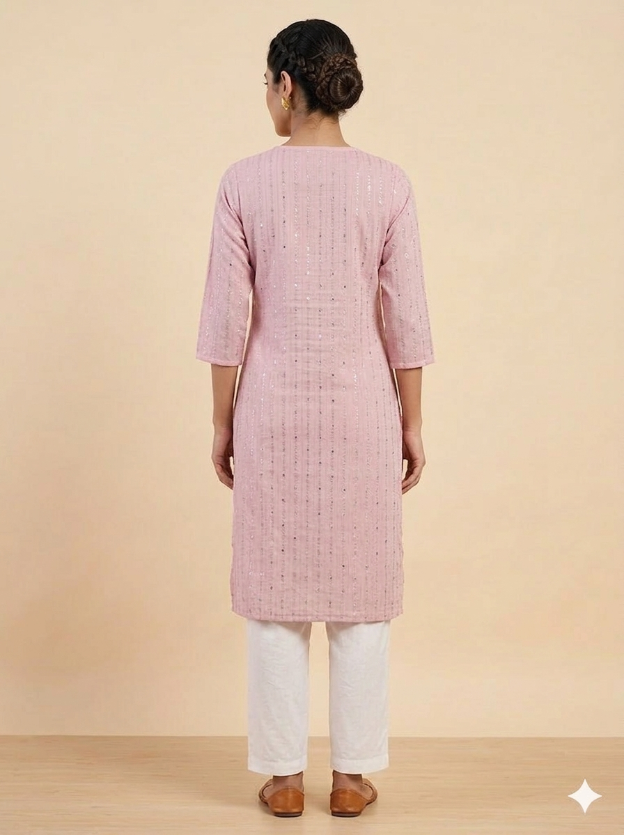 Women 3/4th Sleeves Pink Cotton Lurex with Cotton Lining Straight Kurti (Kurti-54)