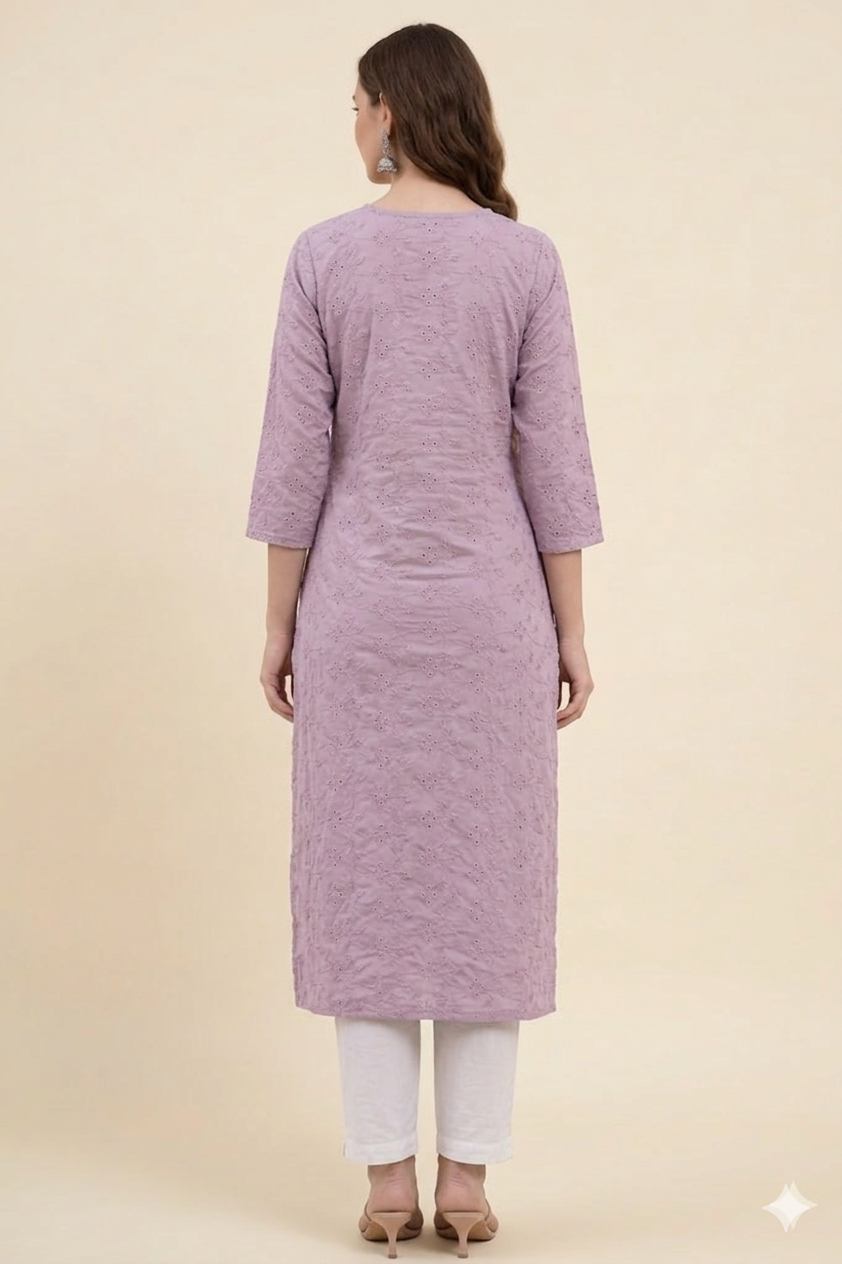 Women Schiffli with Cotton Lining Lavender 3/4th sleeves Straight Kurti (Kurti-53)