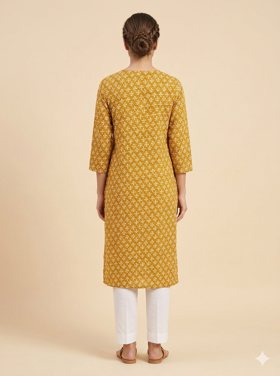 Women’s Mustard Brown Geometric Printed 100% Cotton Kurti (Kurti-51)