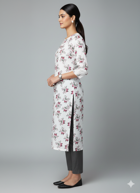 Saka Designs Rayon Printed 3/4 Sleeves Straight Kurti - White