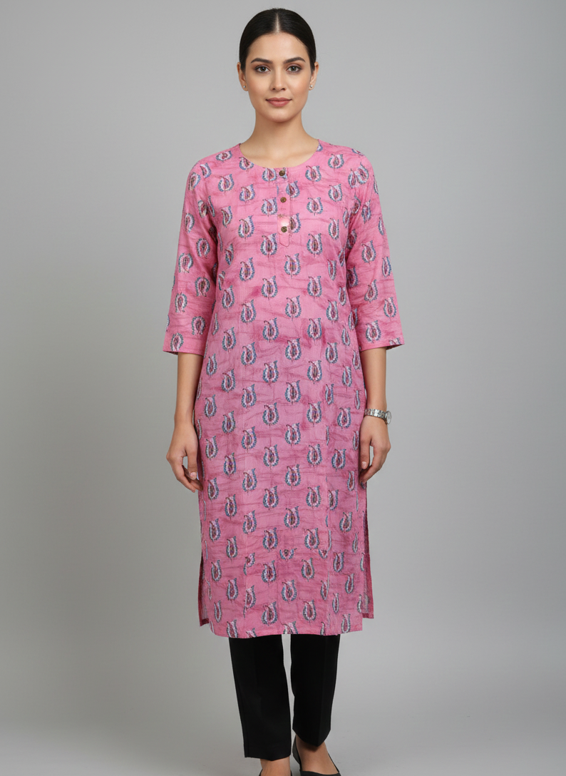 Saka Designs Rayon Printed 3/4 Sleeves Straight Kurti - Pink