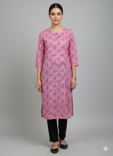 Saka Designs Rayon Printed 3/4 Sleeves Straight Kurti - Pink