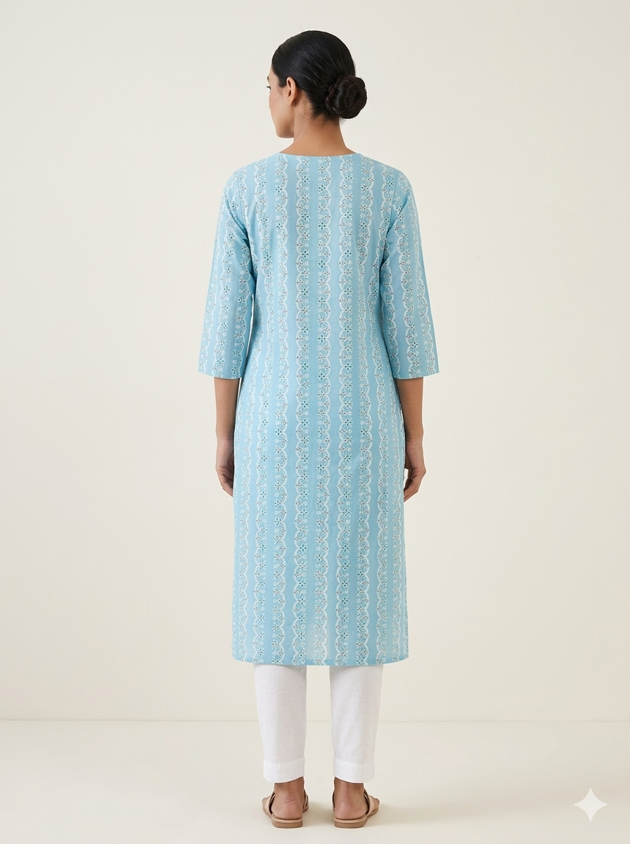 Women Sky Blue 100% Cotton 3/4th sleeves Printed Kurti (Kurti-55)
