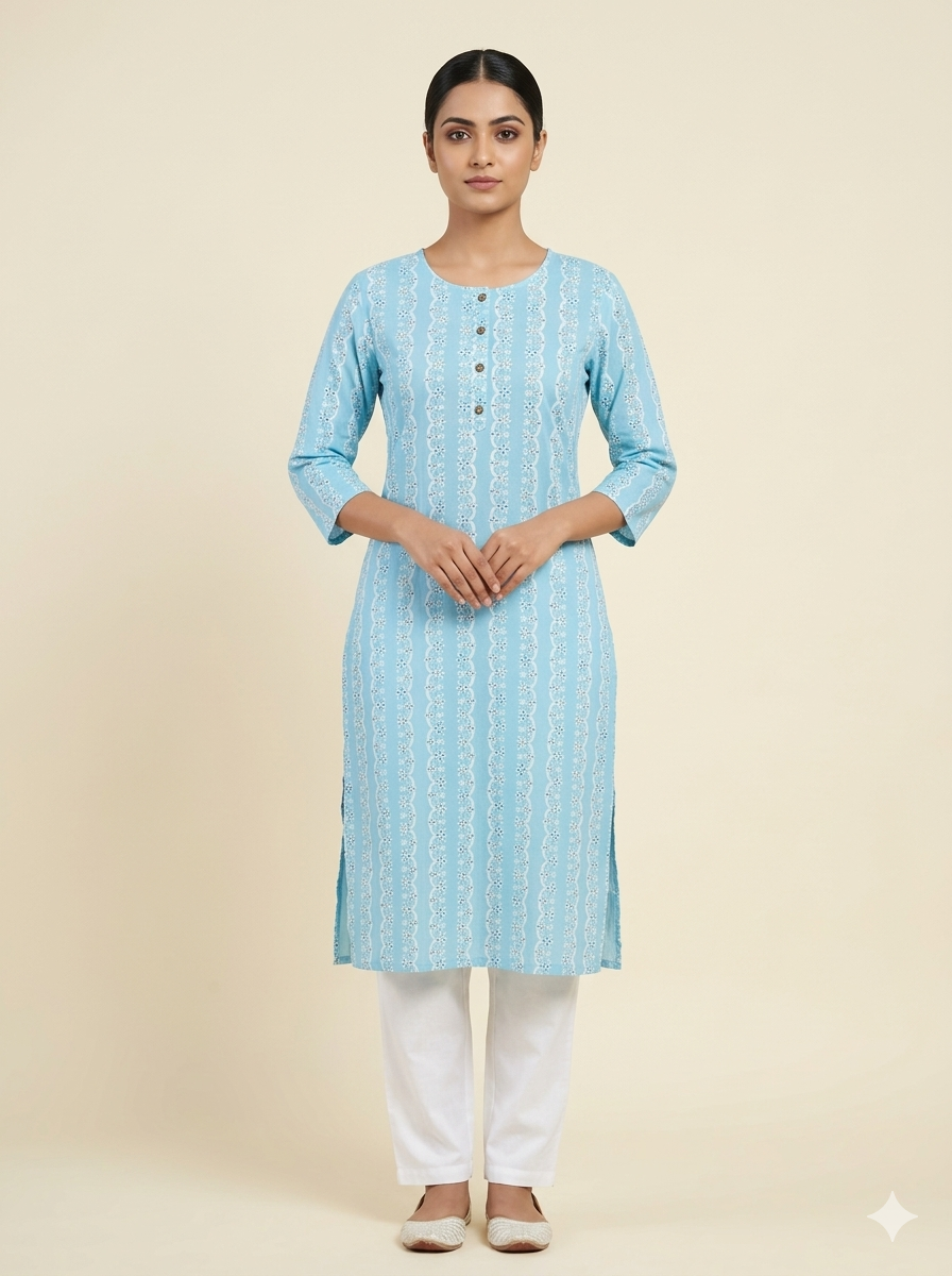 Women Sky Blue 100% Cotton 3/4th sleeves Printed Kurti (Kurti-55)