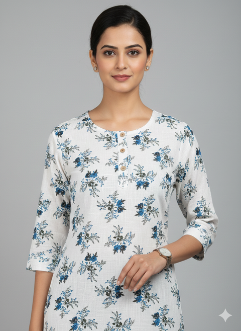 Saka Designs Rayon Printed 3/4 Sleeves Straight Kurti - White