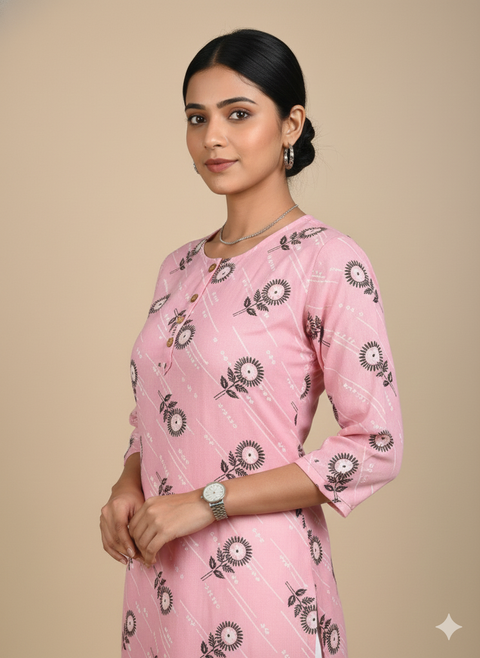 Saka Designs Rayon Printed 3/4 Sleeves Straight Kurti - Pink