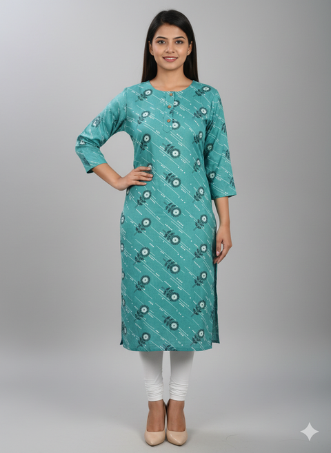 Saka Designs Rayon Printed 3/4 Sleeves Straight Kurti - Teal Blue