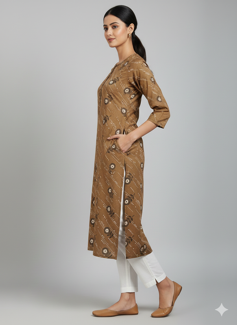 Saka Designs Rayon Printed 3/4 Sleeves Straight Kurti - Brown