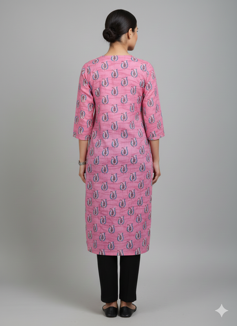 Saka Designs Rayon Printed 3/4 Sleeves Straight Kurti - Pink