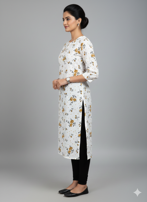 Saka Designs Rayon Printed 3/4 Sleeves Straight Kurti - White