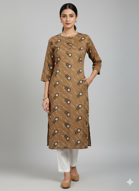 Saka Designs Rayon Printed 3/4 Sleeves Straight Kurti - Brown