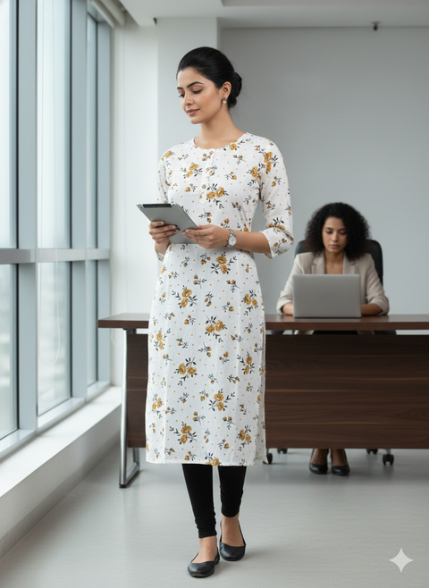 Saka Designs Rayon Printed 3/4 Sleeves Straight Kurti - White