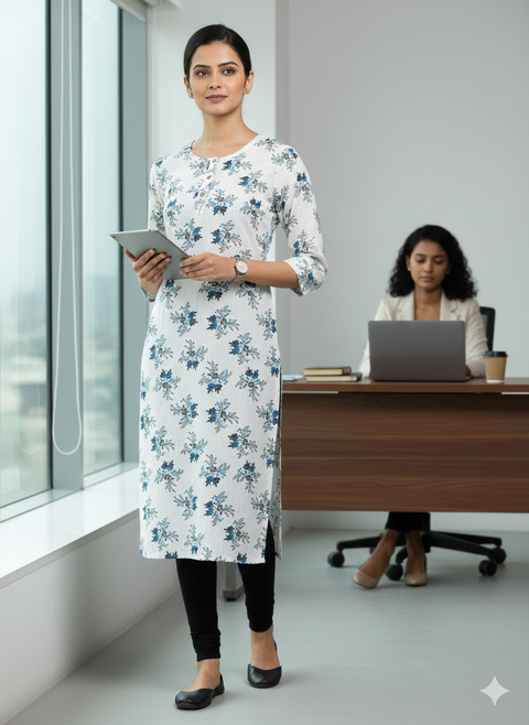 Saka Designs Rayon Printed 3/4 Sleeves Straight Kurti - White