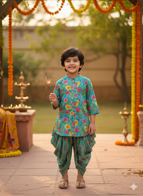 Boys Floral Printed Kurta with Dhoti