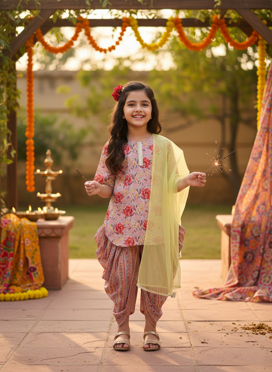 Girls Floral Printed Kurta with Dhoti